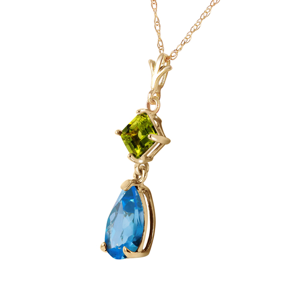 14K. SOLID GOLD NECKLACE WITH BLUE TOPAZ & PERIDOT (Yellow Gold) - Picture 2 of 3